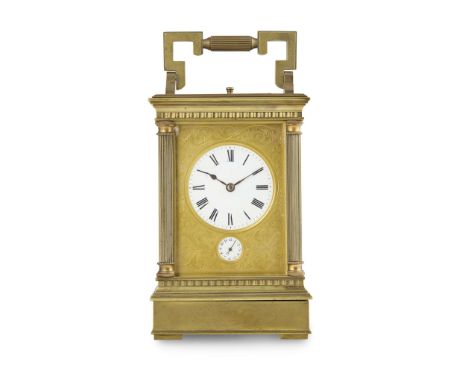  FRENCH BRASS REPEATING ALARM CARRIAGE CLOCK LATE 19TH CENTURY the white enamel dial with Roman numerals inside a floral engr