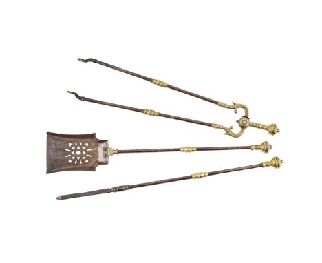  SET OF THREE GEORGIAN STEEL AND BRASS FIRE TOOLS 18TH CENTURY comprising a pair of tongs, a poker, and a shovel, all with ri