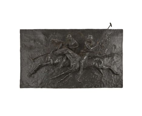  LORNE MCKEAN, FRBS RSA (BRITISH B.1939) BRONZE PLAQUE OF POLO PLAYERS dark brown patina, modelled as two players in full cha