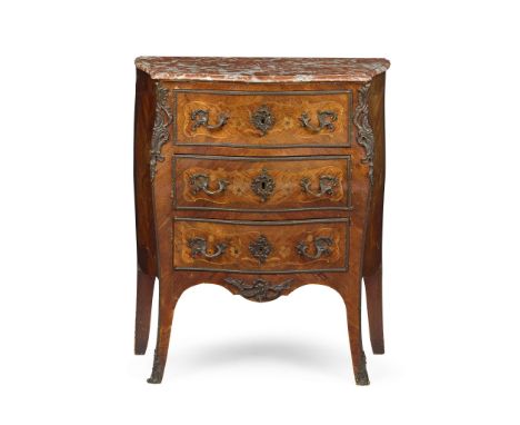  FRENCH KINGWOOD AND MARQUETRY SMALL MARBLE TOPPED COMMODE EARLY 20TH CENTURY in the Louis XV style, the serpentine griotte m