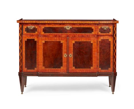 DUTCH NEOCLASSICAL MAHOGANY AND SATINWOOD COMMODE EARLY 19TH CENTURY of breakfront outline, the crossbanded gallery top with