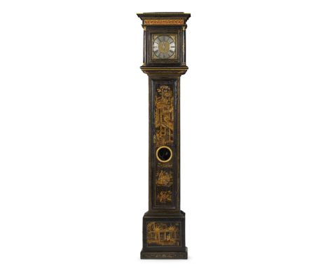  QUEEN ANNE BLACK AND GILT JAPANNED LONGCASE CLOCK, BY HENRY LINTOTT, FARNHAM EARLY 18TH CENTURY AND LATER the 8 inch brass d