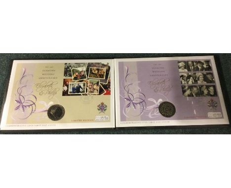 A commemorative 'Diamond Wedding Anniversary, Elizabeth and Philip' First Day Cover coin and stamp set.