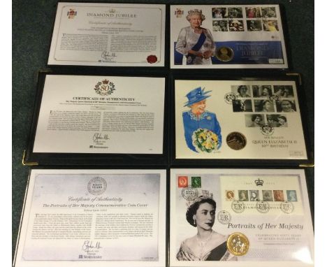 Three commemorative Royal First Day Cover coin and stamp sets.
