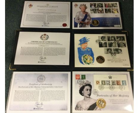 Three commemorative Royal First Day Cover coin and stamp sets.