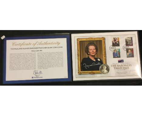 A commemorative 'The Falkland Islands Baroness Thatcher' First Day Cover silver coin and stamp set.