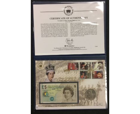 A commemorative 2003 'The Queen's Coronation Jubilee' First Day Cover coin, banknote and stamp set.