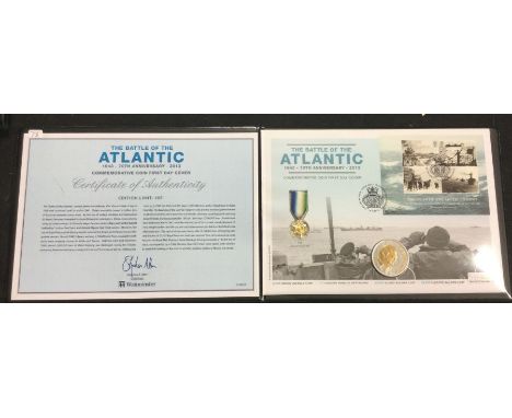 A commemorative 2013 'The Battle of The Atlantic ' First Day Cover coin, medal and stamp set.