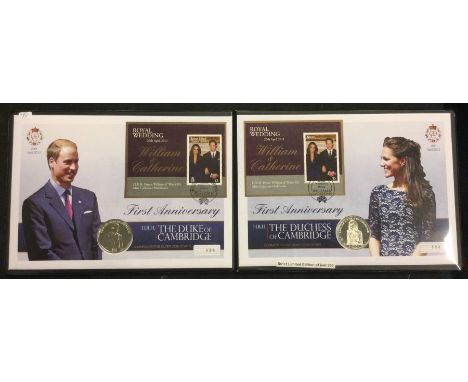 A commemorative 'Royal Wedding William and Catherine First Anniversary' First Day Cover silver coin and stamp set.