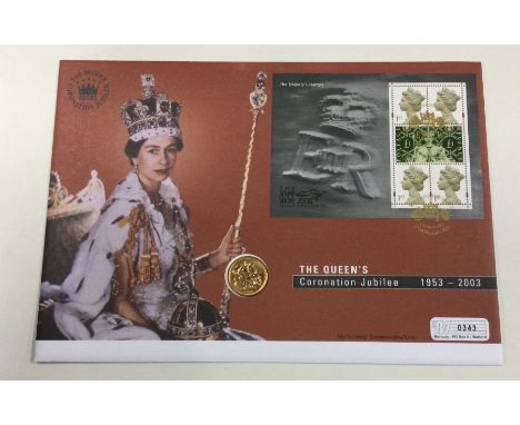 A 2003 'The Queen's Jubilee' First Day Cover Proof gold sovereign coin and stamp set. 