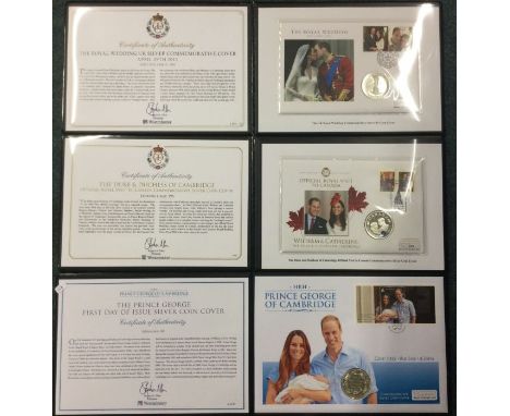 A group of three commemorative Royal First Day Cover silver coins and stamps.