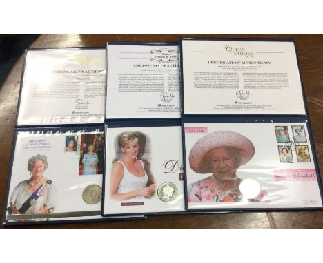 A group of three commemorative Royal First Day Cover silver coins and stamps.