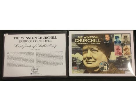 A commemorative 'The Winston Churchill' First Day Cover £5 Proof coin and stamp set.