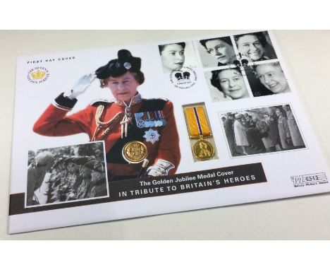 A Golden Jubilee Proof medal together with a Half Sovereign First Day Cover stamp and coin set. 