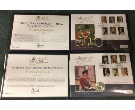 Two commemorative 'Trooping The Colour' First Day Cover silver coin and stamp sets dated 2015 and 2016.