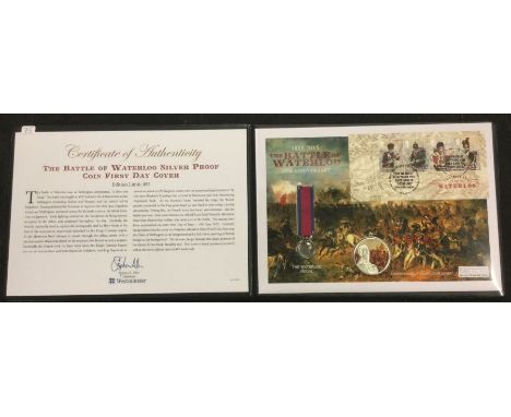 A commemorative 'The Battle of Waterloo 200th Anniversary' First Day Cover silver coin, medal and stamps set.