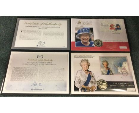 Two commemorative Queen Elizabeth II First Day Cover coin and stamp sets.