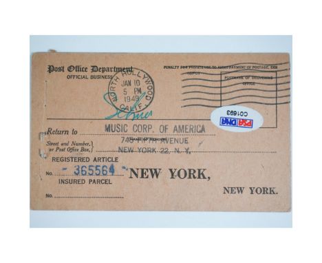 Vintage 1949 postal receipt signed by Shemp Howard, a legendary member of The Three Stooges. This registered article receipt,