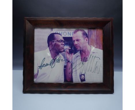 Framed autographed photo featuring Bruce Willis and Samuel L. Jackson in a scene from Die Hard with a Vengeance (1995). The i