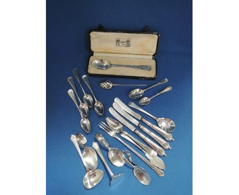 A cased silver spoon by Liberty of Arts and Crafts style, Birmingham 1934, Liberty & Co, a selection of HM silver and  white 
