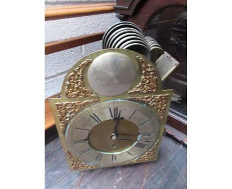 A late 18th century oak longcase clock having square pillar hood containing grande sonniere type multi bell movement and arch