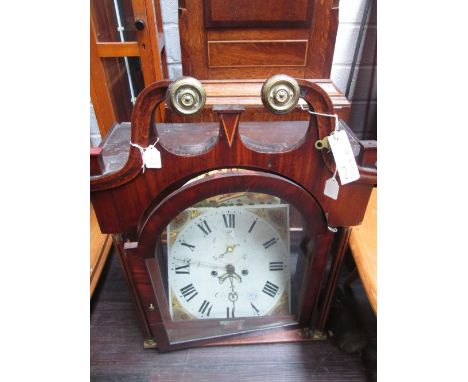 A late 18th century oak and mahogany longcase clock having swan neck and pillar hood containing painted arch dial and 8 day m