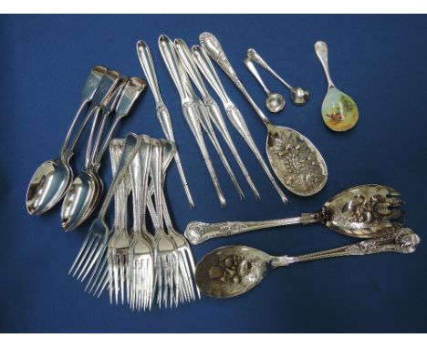 A small selection of plated flatware including lobster picks, berry spoons, caddy spoon with enamelled pheasant decoration et