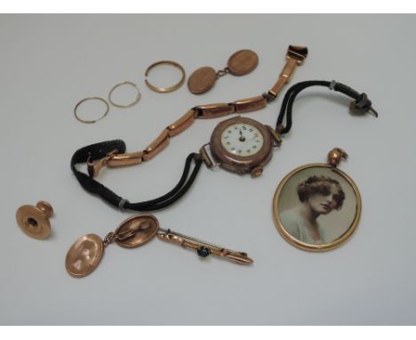 A small selection of yellow metal and 9ct gold jewellery including cufflinks, watch, earrings, wedding band etc,  approx 18g