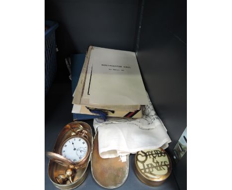 A selection of miscellaneous including plated half hunter pocket watch, Art Nouveau stud box, kid gloves, Churchill, Rugby an