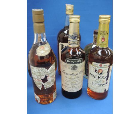 Six bottles of vintage whisky, John Powers & Son Irish Whisky old bottle, Walker Deluxe Burbon, 8yr old 262/3 fl.oz. 70% proo