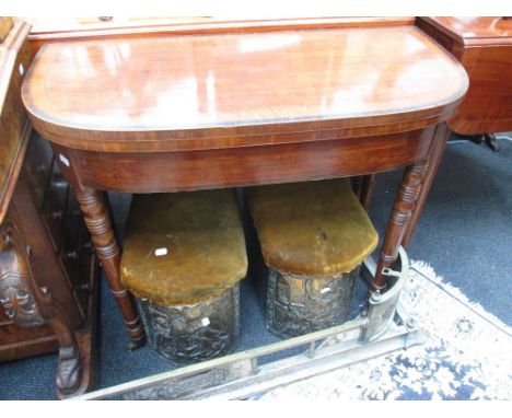 A 19th century mahogany card table, having inlay decoration, double gate leg on turned frame