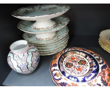 A selection of ceramics including Victorian fruit service, Crown Derby  plate in the Imari palette, a 19th century Derby sauc