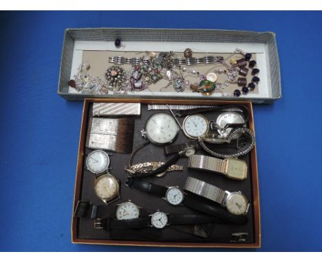 A selection of costume jewellery, wristwatches and pocket watches including Timex, Fero etc