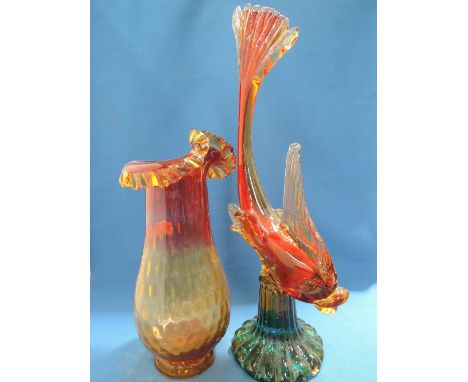 A 1960's design Art glass coloured ornament modelled as a fish and a Jack in the Pulpit continental Art glass vase