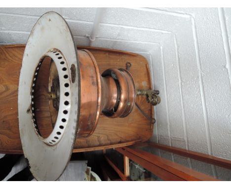 An early 20th century part copper Scroggs patent ceiling gas light converted to electric, number 33221