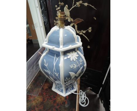A late 20th century pottery table lamp of blue Japanesque lidded jar design