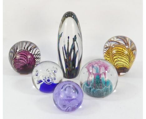 A Strathearn glass paperweight - circa 1980, of torpedo shape incorporating blade like fronds, 15cm high, together with five 