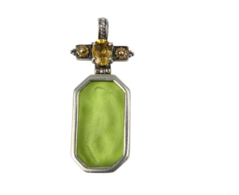 Fillis Menegatti white metal pendant - set with a rectangular green glass intaglio suspended from a 'jewelled' bail, 11.2g.