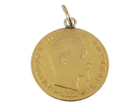 An 1860 Napoleon III  5 Franc gold coin - with pendant loop attached, 1.7g.