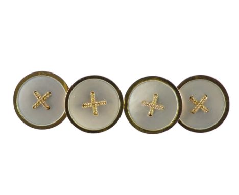 A pair of 9ct gold cufflinks - of circular button form with mother-of-pearl, 3.5g.