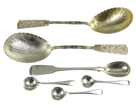 A pair of Chinese white metal spoons - the terminals decorated with bamboo fronds, length 17.5cm, weight 85g, together with a