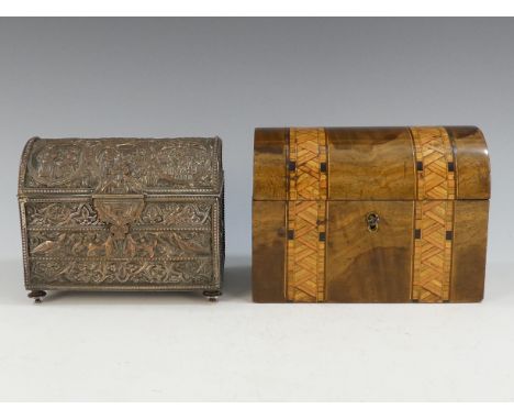 A late 19th century white metal stationery casket - decorated with scholars, religious figures and mythical beasts, with a bl
