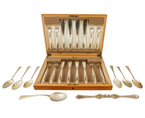 A 20th century silver plated fish service - for six place settings, boxed, together with a small quantity of sundry plated fl