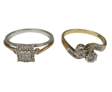 A 9ct gold and diamond ring - of crossover form with an illusion setting, together with another diamond set ring, each size N