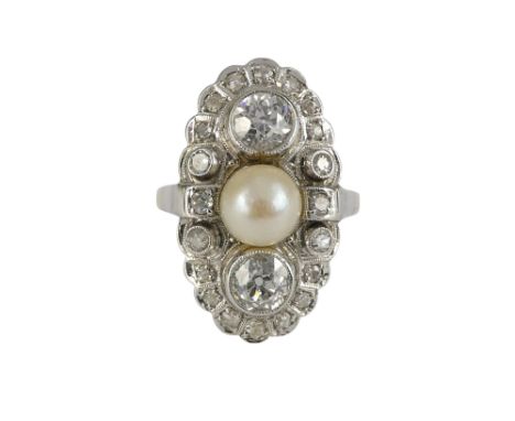 An Art Deco diamond and pearl ring - the navette shaped plaque set with a pearl and two principal diamonds on a field of furt