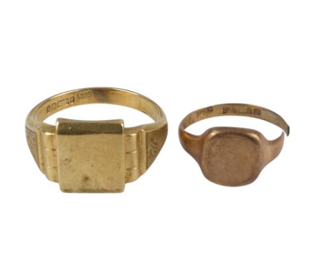 A 9ct gold signet ring - with vacant square plaque and foliate engraved shoulders, together with another small signet ring, 1