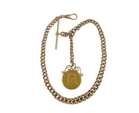 A South African one pond coin - 1898, with a yellow metal suspension loop, on a 9ct belcher link chain, 25.8g.