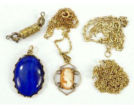 A diamond pendant - set on a fine 9ct gold chain, together with a cameo pendant in a 9ct frame, a lapis lazuli pendant, both 