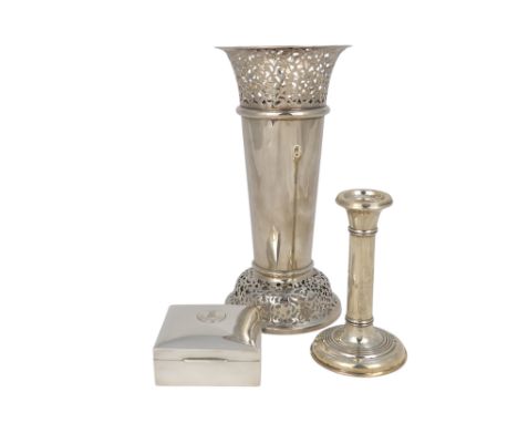 A large silver trumpet shaped vase - Chester with indistinct date, the lip and base of pierced foliate form, 38cm high, toget