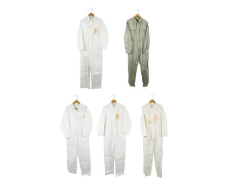 Four white vintage boiler suits  - by Beacon, size 40, unused, together with a similar olive colour boiler suit. (5)